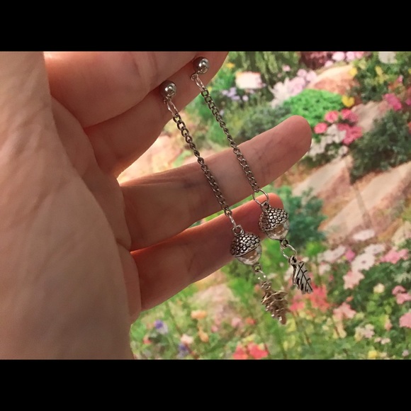 Acorn leaf silver handmade drop earrings stainless - Picture 10 of 11